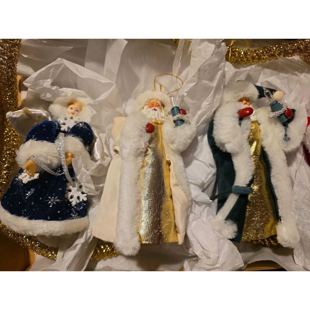 Vintage Christmas Ornament Set of 4 Santa Angel Fabric Faux Fur Gold Hanging
